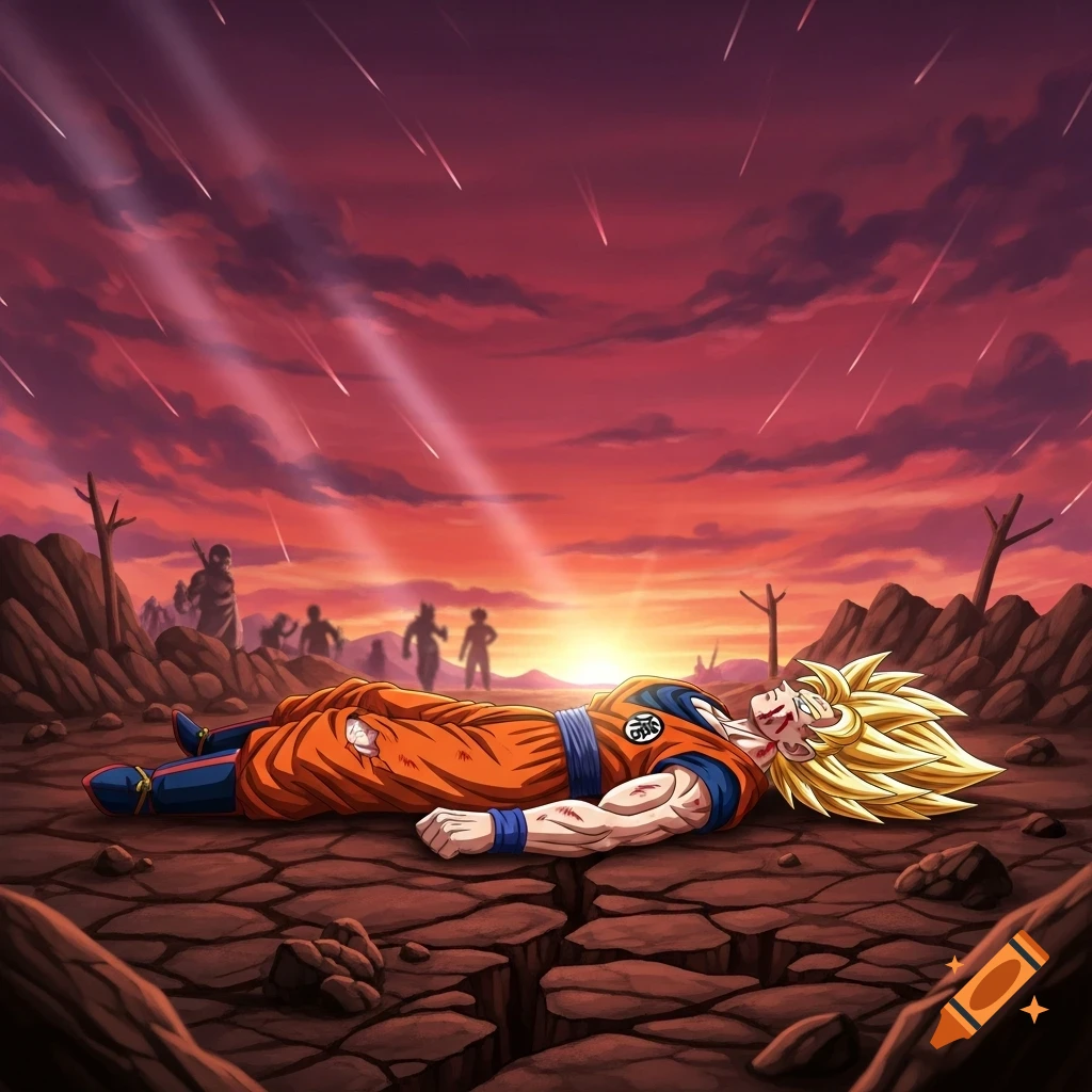 Anime illustration of Goku from Dragon Ball lying injured on a cracked battlefield under a red sunset with falling meteors.