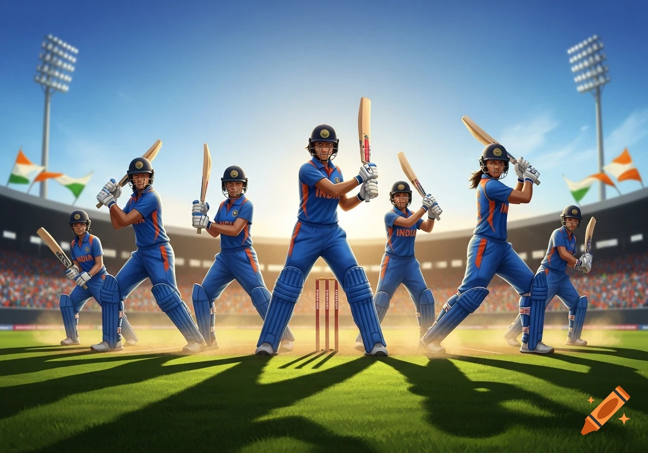 Several Indian women cricketers in blue uniforms and helmets pose with bats on a sunny stadium field, flags in the background.