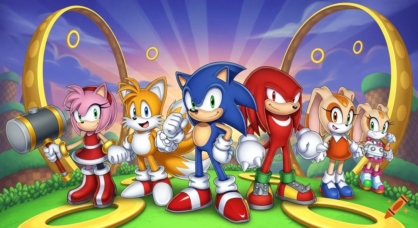 Sonic the Hedgehog, Amy Rose, Tails, Knuckles, and Cream stand together in a colorful cartoon landscape with golden rings.