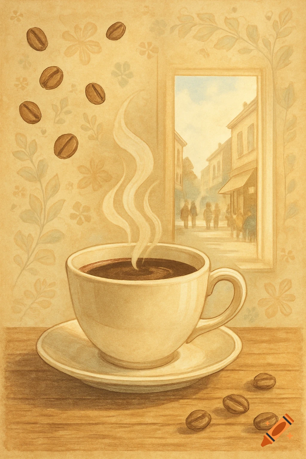 Steaming coffee cup and saucer on a wooden table with scattered beans. A window view of a street scene, in a warm, sepia-toned illustration.