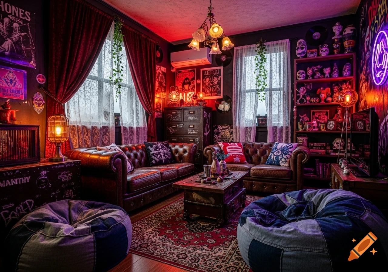 A dark, maximalist living room filled with punk and gothic decor, featuring tufted leather couches, eclectic posters, skulls, and neon lighting.
