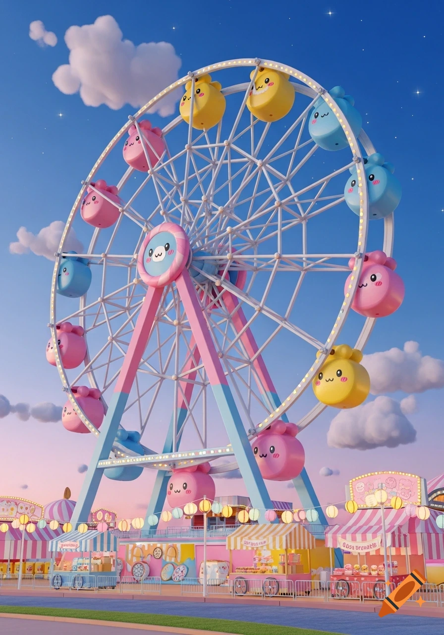 A pastel pink and blue 3D kawaii Ferris wheel with happy faces on its cars, against a clear blue sky, in a whimsical amusement park.