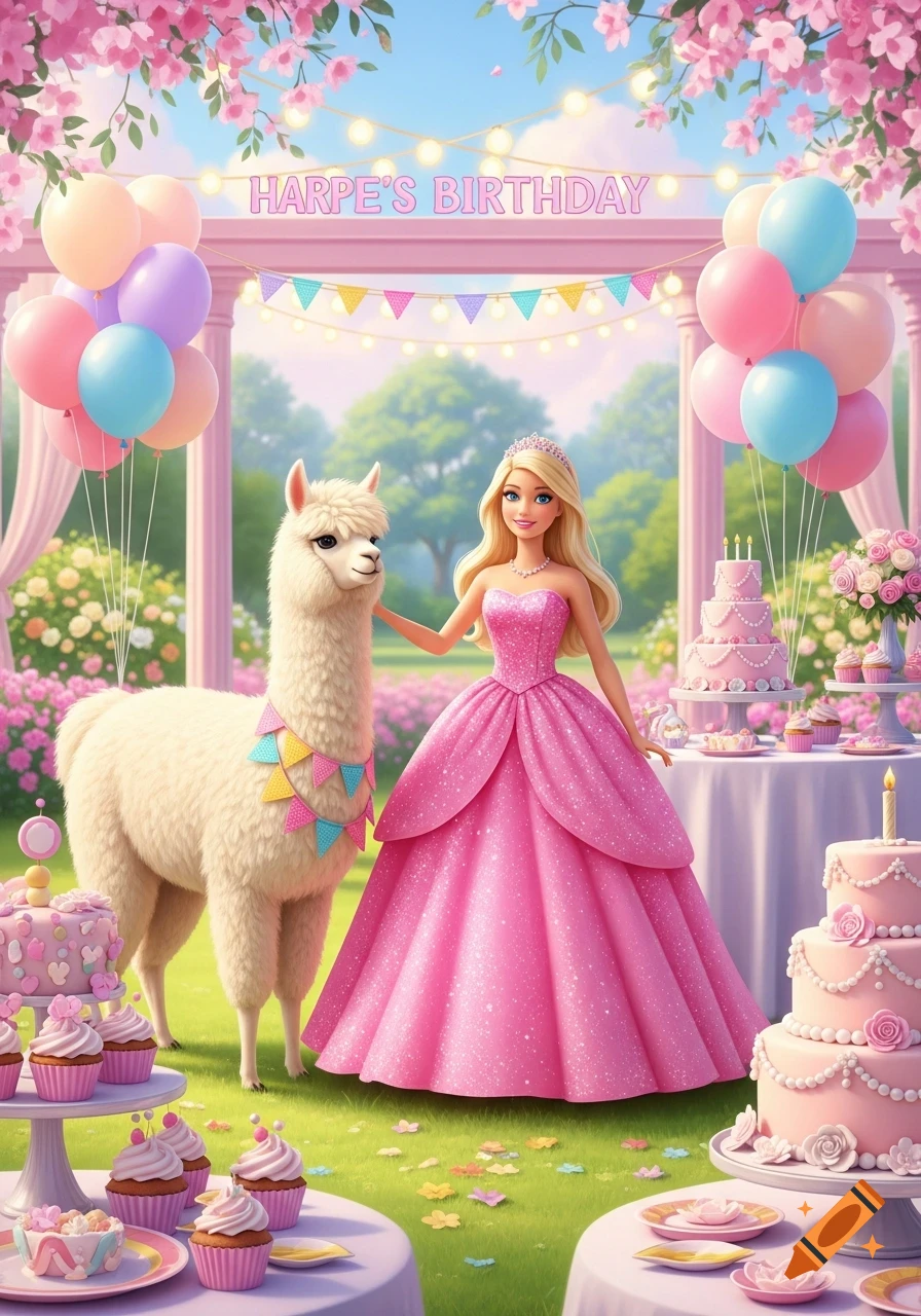 A Barbie doll in a pink dress standing next to an alpaca at a festive outdoor birthday party with cakes, balloons, and flowers.