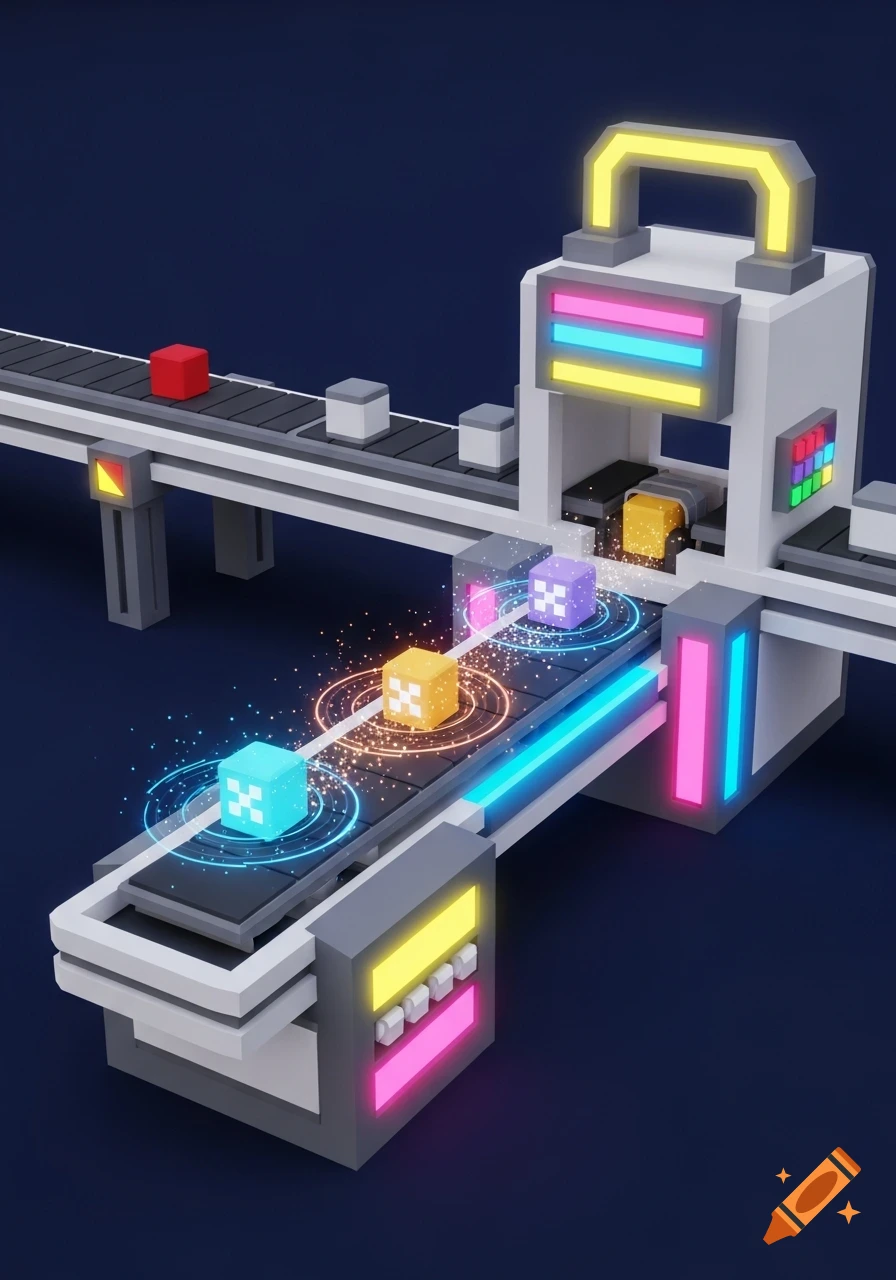 A low poly conveyor belt system, resembling Roblox style, shows colorful cubes being upgraded with glowing effects on a dark blue background.