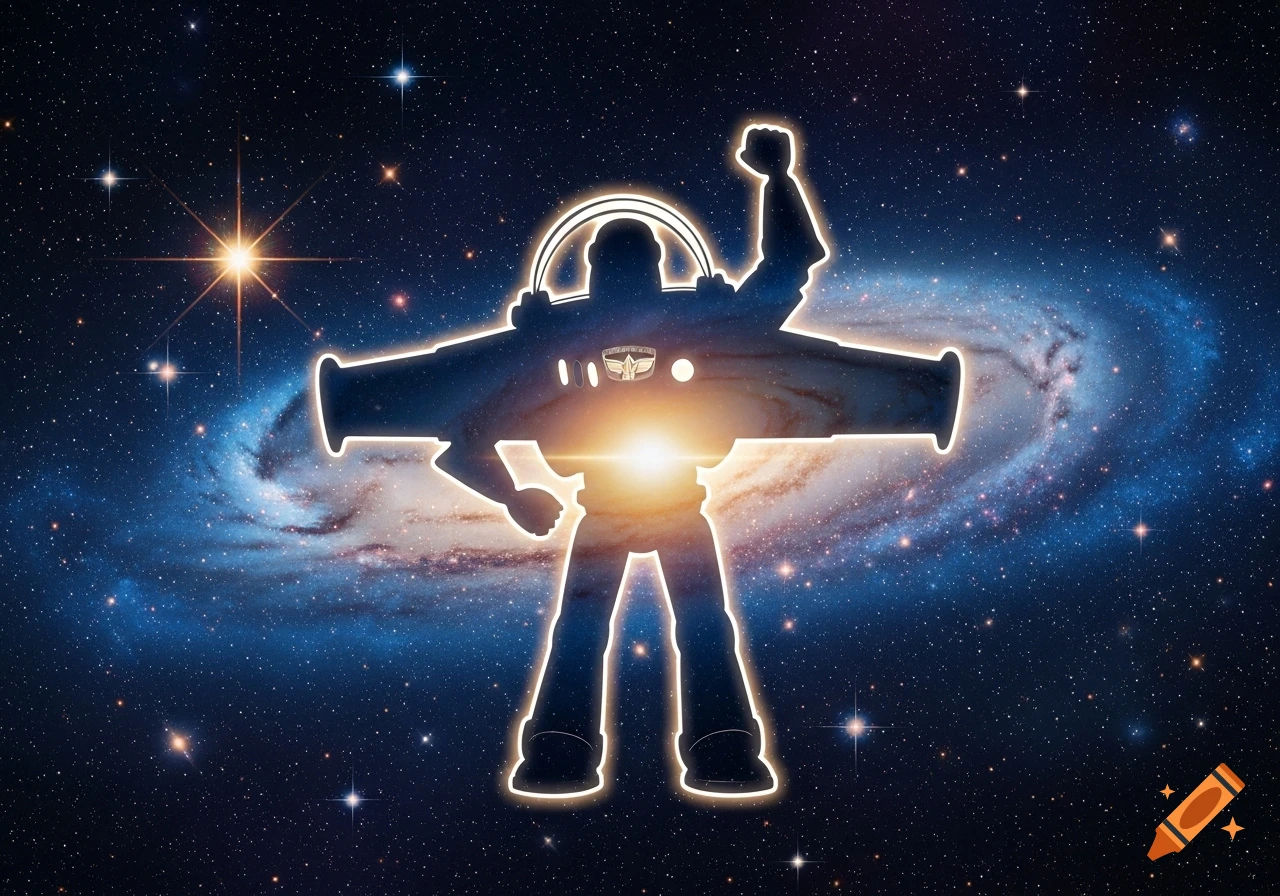 A glowing silhouette of Buzz Lightyear in a heroic pose, set against a dark blue starry galaxy background with a prominent spiral galaxy.