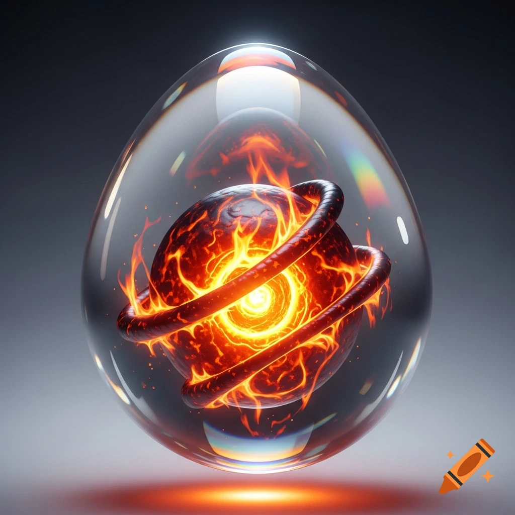 A transparent egg-shaped sphere encases a vibrant, molten fiery orb ...