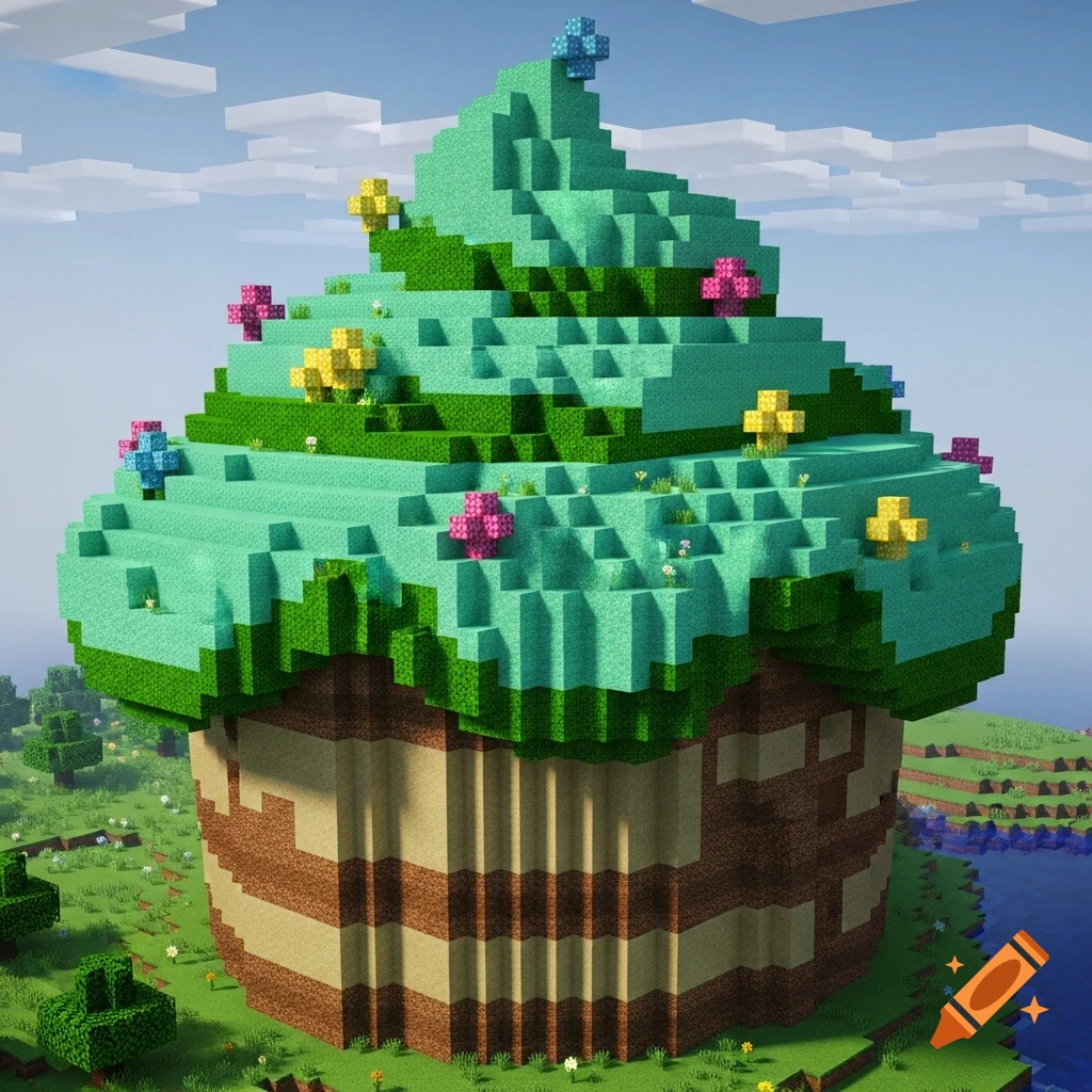 A giant cupcake-shaped structure made of Minecraft blocks, with green frosting, colorful sprinkles, and a brown base, set in a blocky landscape.