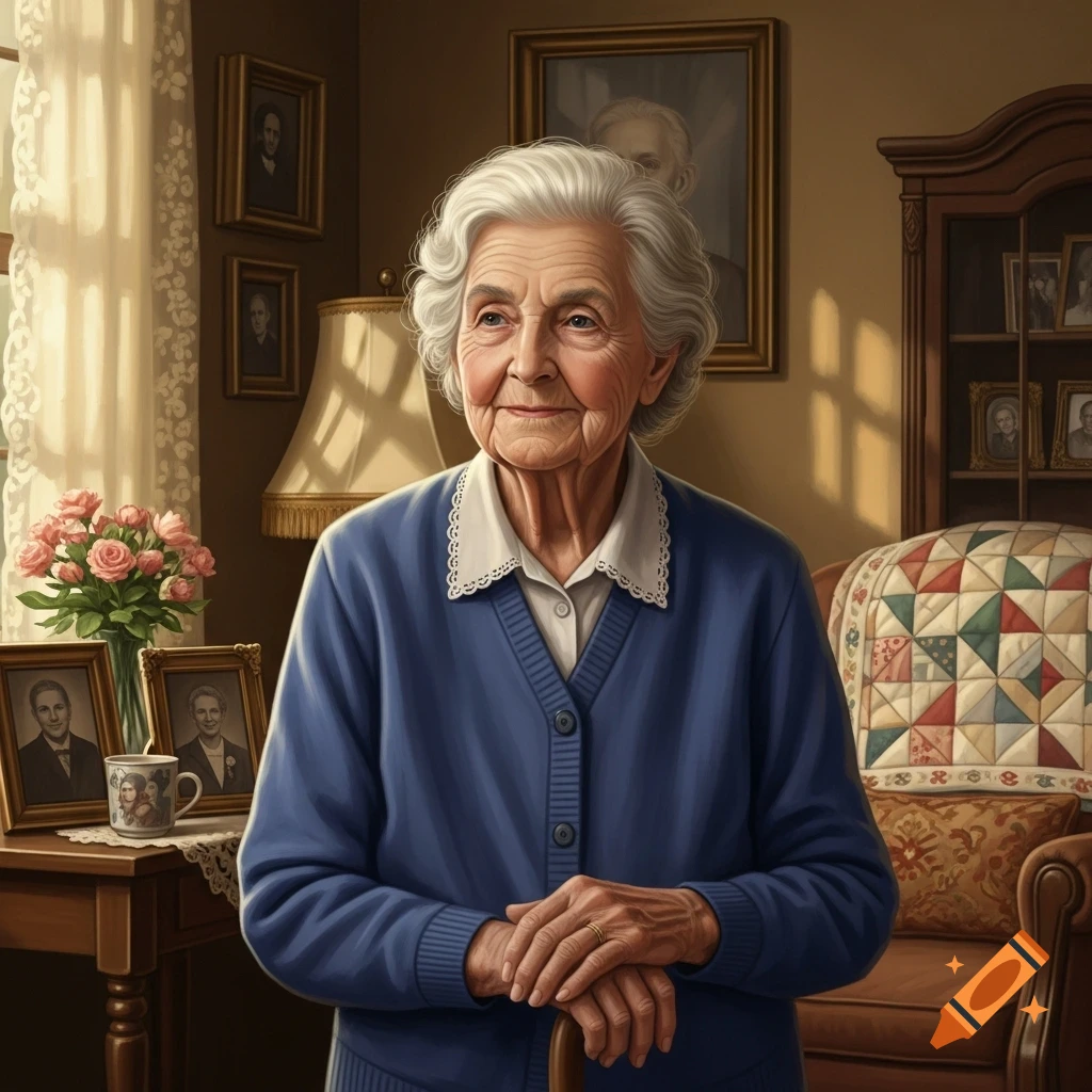 A photorealistic portrait of an elderly woman with white hair in a blue cardigan, smiling softly in a cozy living room.