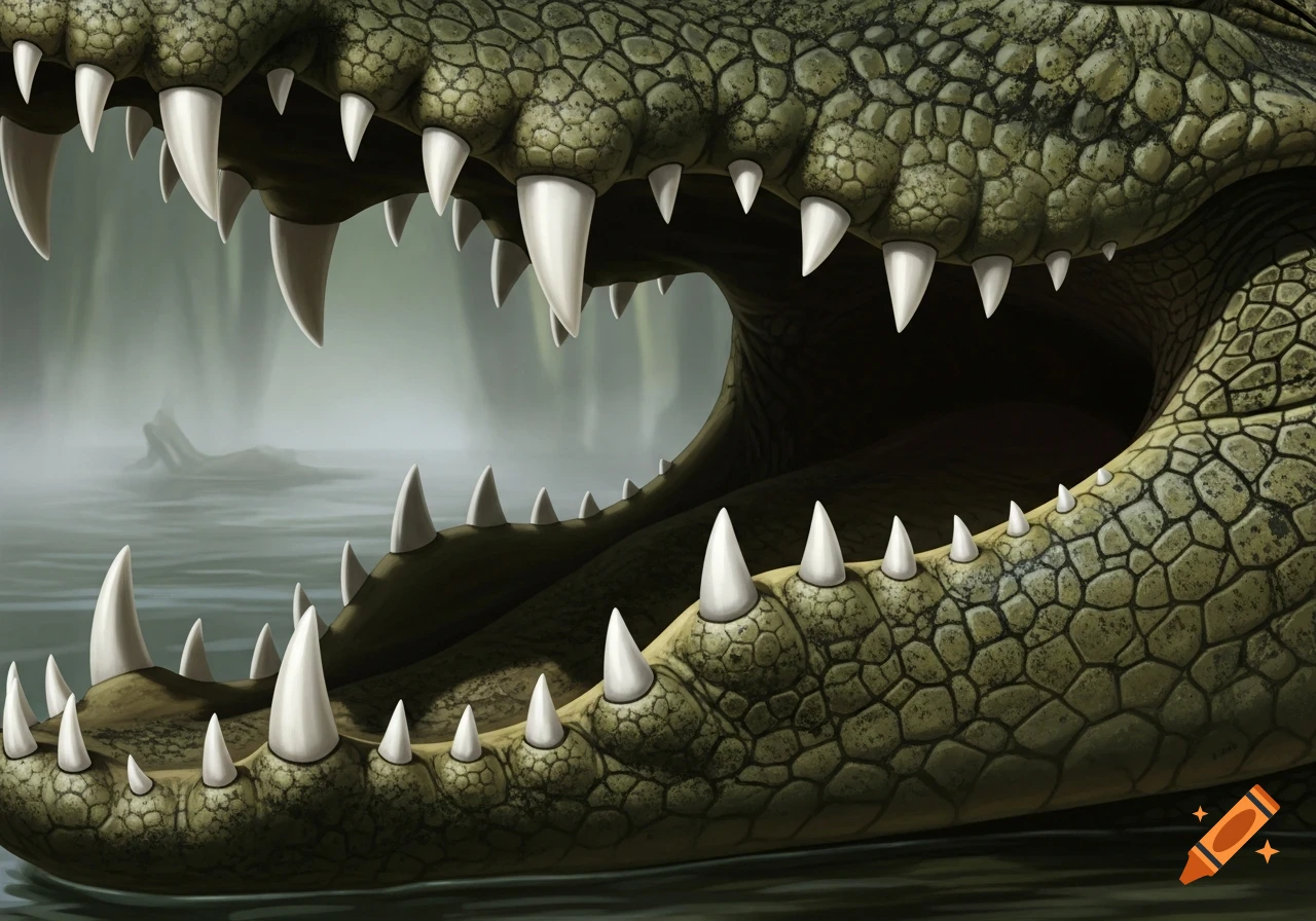 Close-up illustration of a crocodile's gaping mouth with sharp teeth and textured scales, in a misty swamp.