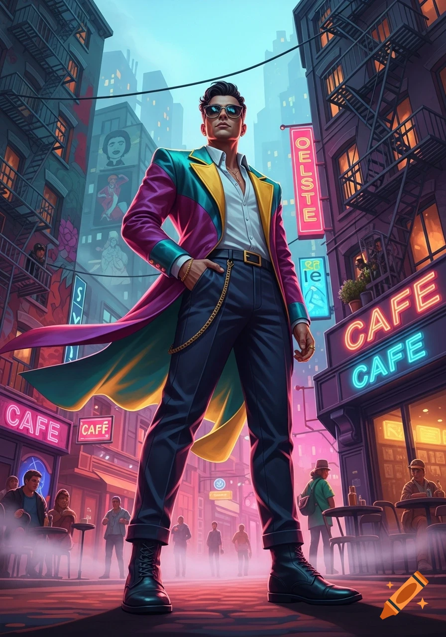 A stylish man in a multi-colored coat and sunglasses stands in a vibrant, neon-lit urban street with cafes and buildings.