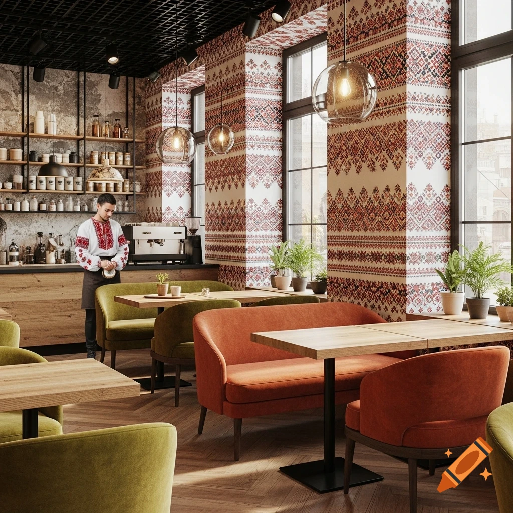 A modern cozy coffee shop interior with a barista in a Ukrainian vyshyvanka, embroidered patterns on the walls, and sunlight streaming through windows.