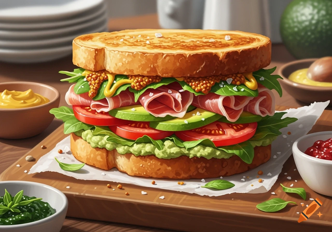 A delicious, colorful sandwich on toasted bread with ham, avocado, tomato, lettuce, and mustard, served on a wooden board with condiments.