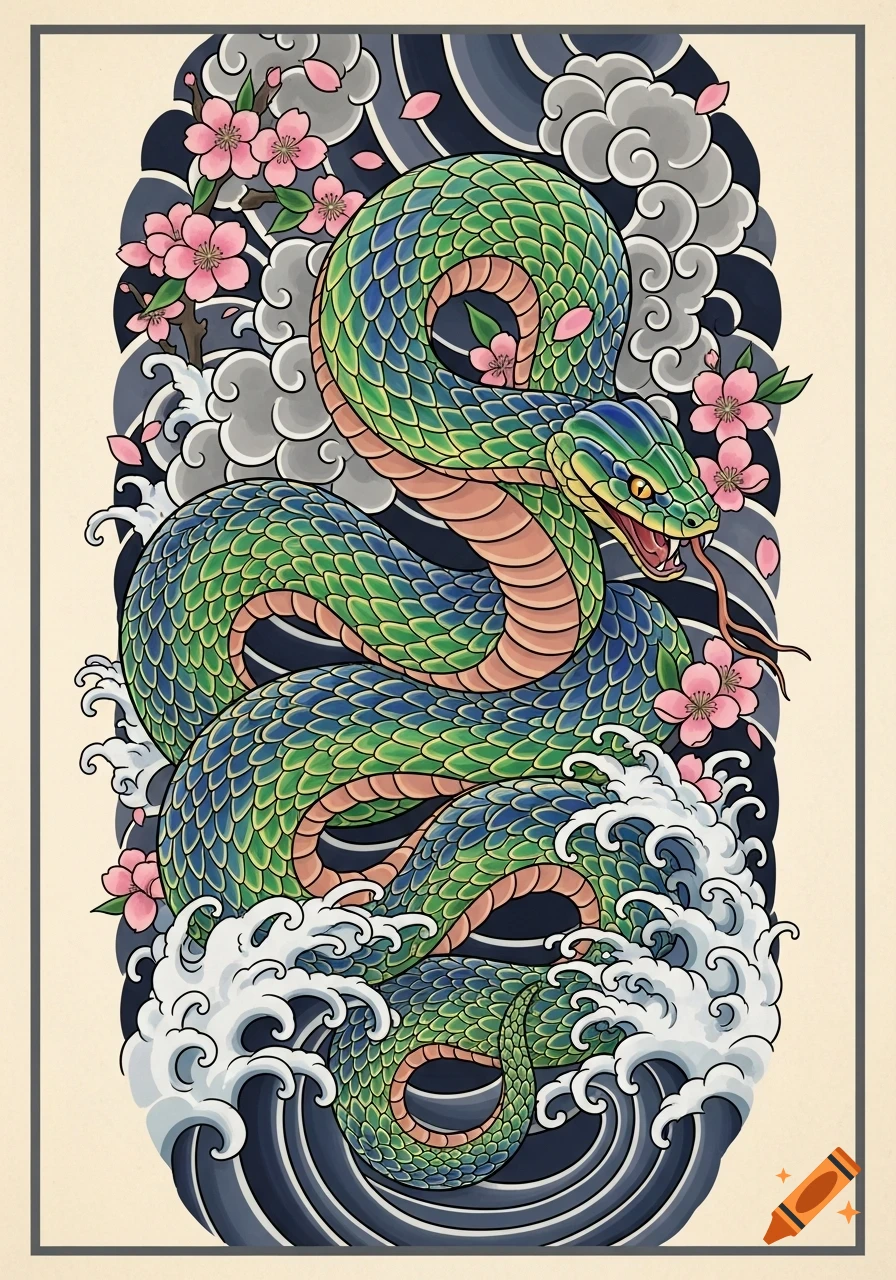 A vibrant green and blue snake coils amidst pink cherry blossoms and white waves, in traditional Japanese tattoo art style.