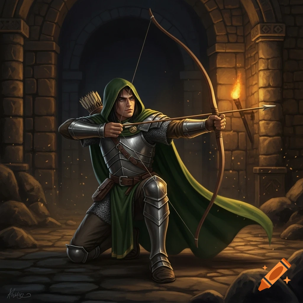 A male human ranger with black hair, wearing chainmail armor and a green hooded cloak, kneeling and aiming a longbow in a dungeon.