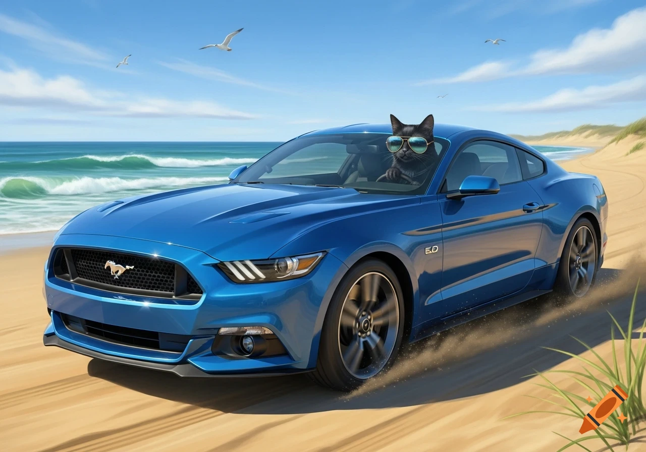 A black cat wearing sunglasses drives a blue Ford Mustang GT on a sunny beach with waves and seagulls.