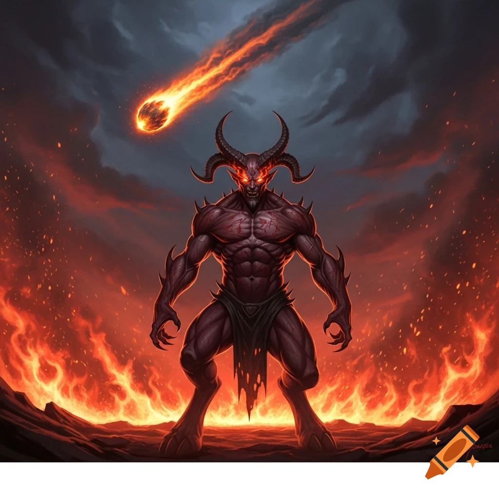 A powerful, horned demon with glowing red eyes stands amidst a fiery landscape as a flaming meteor streaks across a dark, cloudy sky.