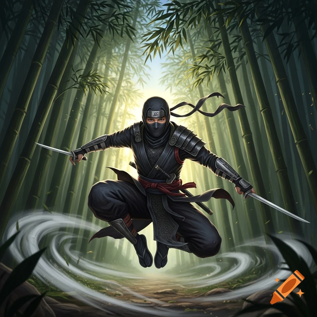 A ninja in a black suit with dual daggers jumps in a bamboo forest with swirling mist around their feet, stylized digital art.