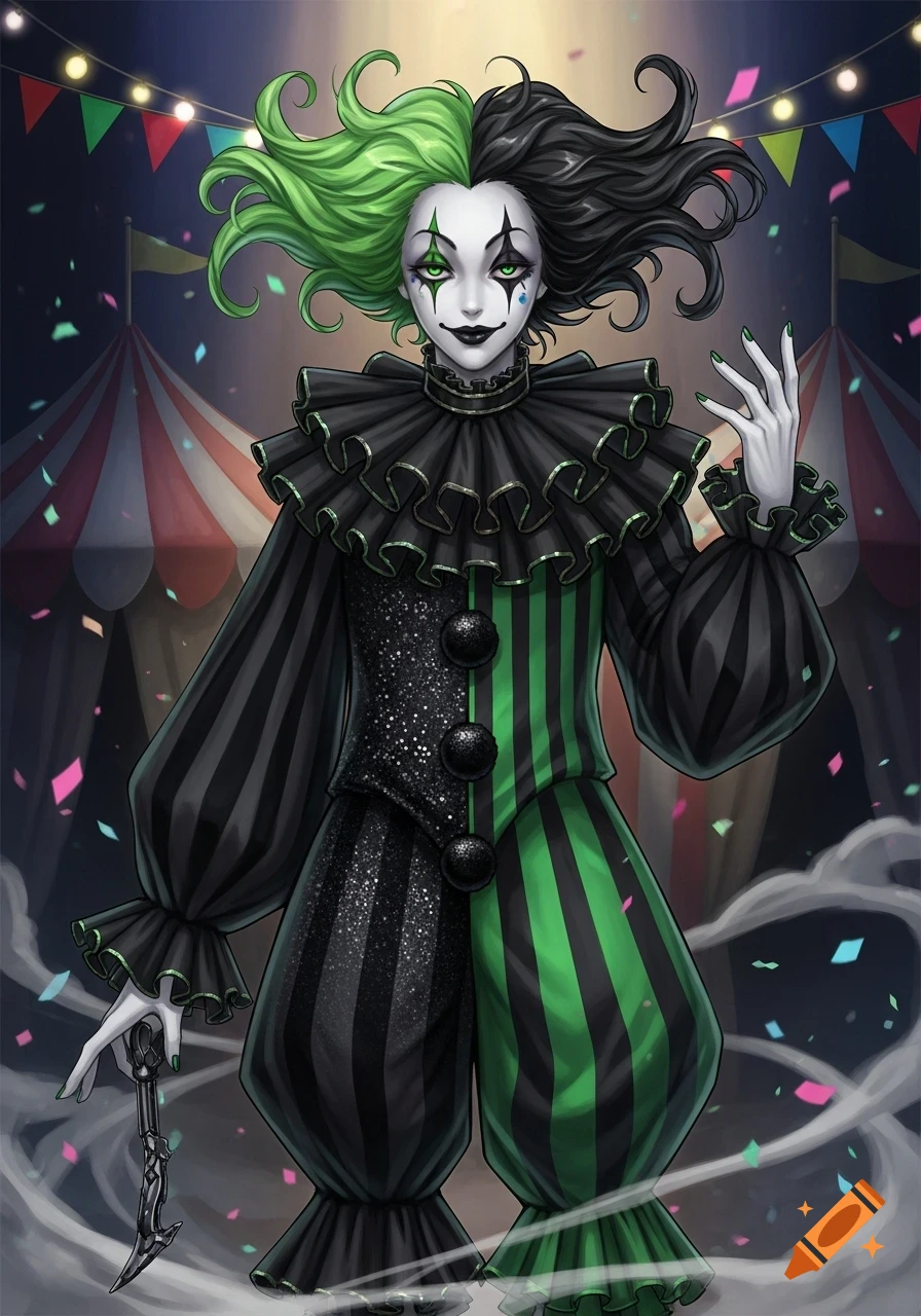 Anime-style clown in black and green costume with split hair, holding a dagger at a circus.