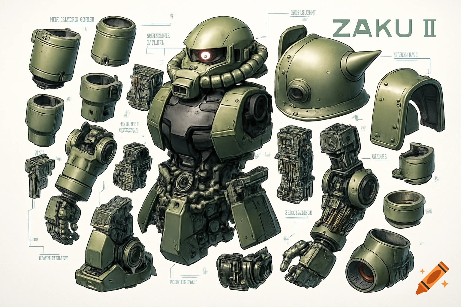 An exploded blueprint of a green Zaku II mobile suit, displaying its disassembled mechanical components against a white background.
