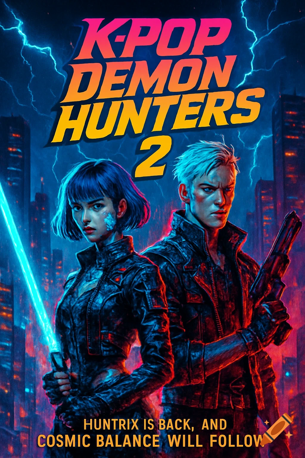 K-Pop Demon Hunters 2 poster featuring two characters, a woman with a glowing sword and a man with a gun, against a futuristic city skyline with lightning.
