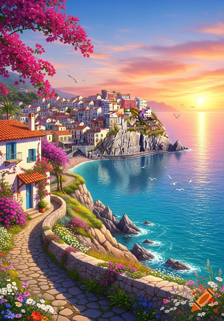 Vibrant coastal village at sunset, featuring white and colorful houses nestled on a cliff overlooking the turquoise sea, surrounded by bright pink bougainvillea and wildflowers.