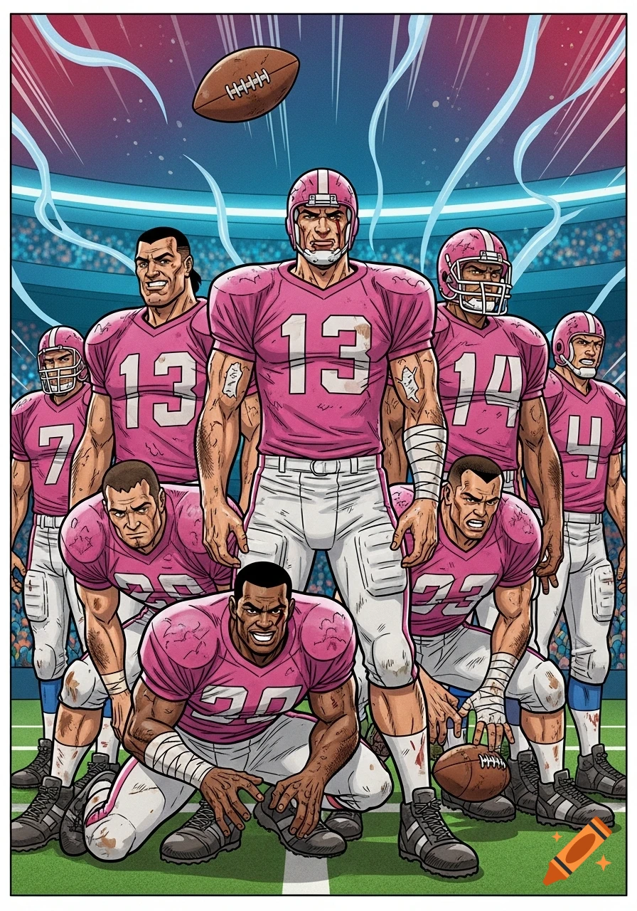 Comic art of injured American football players in pink jerseys on a field, with a football airborne.