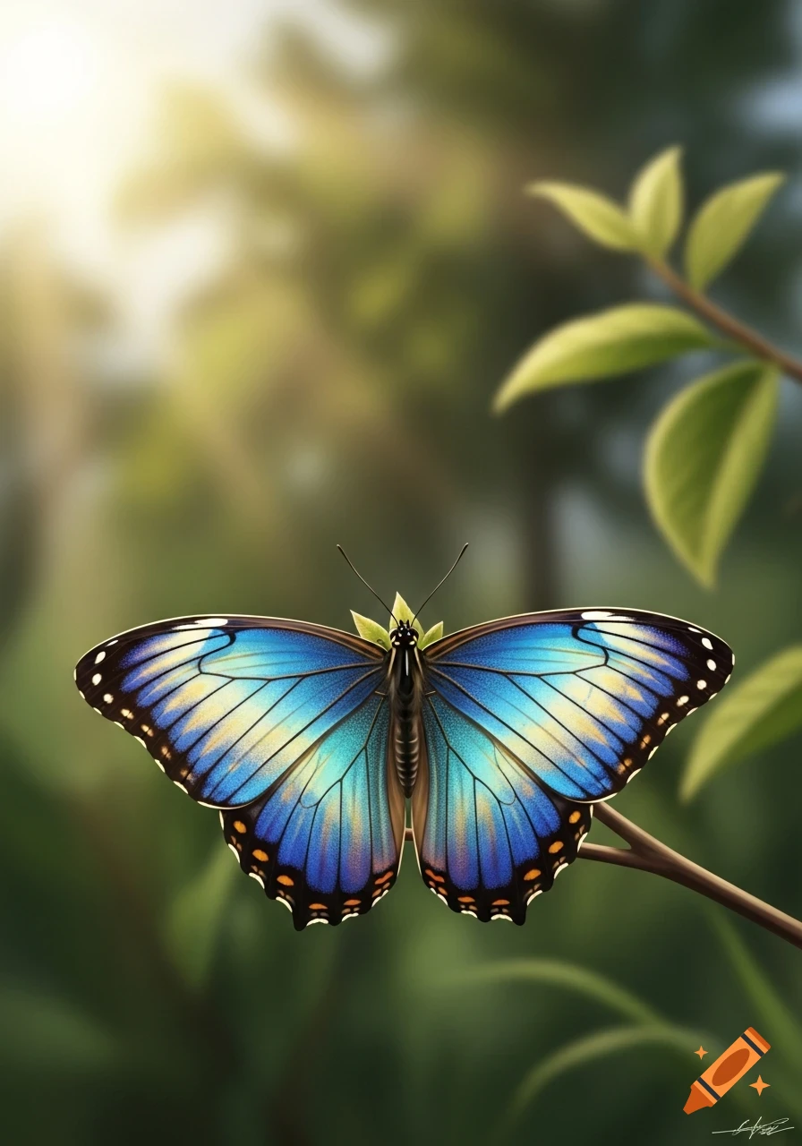 A vibrant blue and yellow butterfly with patterned wings rests on a green branch amidst a soft, sunlit forest background.