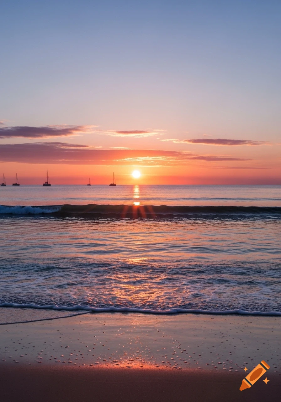 A vibrant sunrise over a tranquil ocean beach with several sailboats on the horizon, reflecting on the water and wet sand.