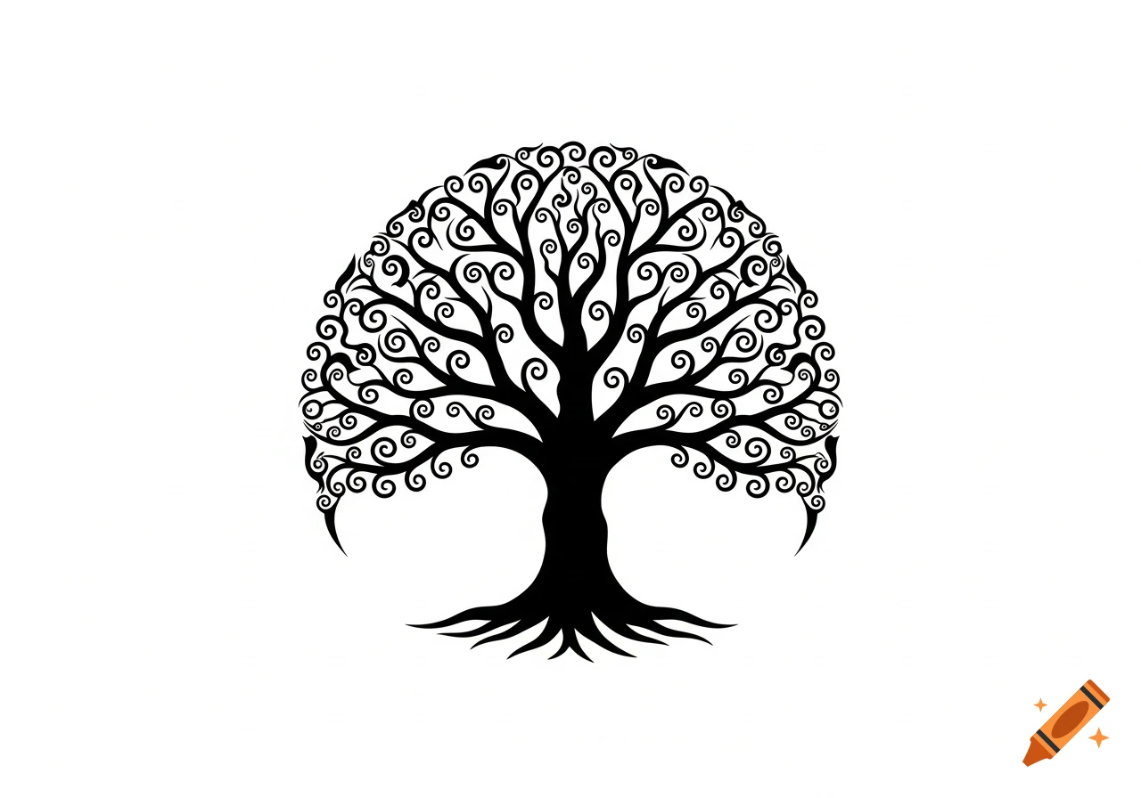 A black and white tribal tattoo-style illustration of a tree of life with intricate swirling branches and roots.
