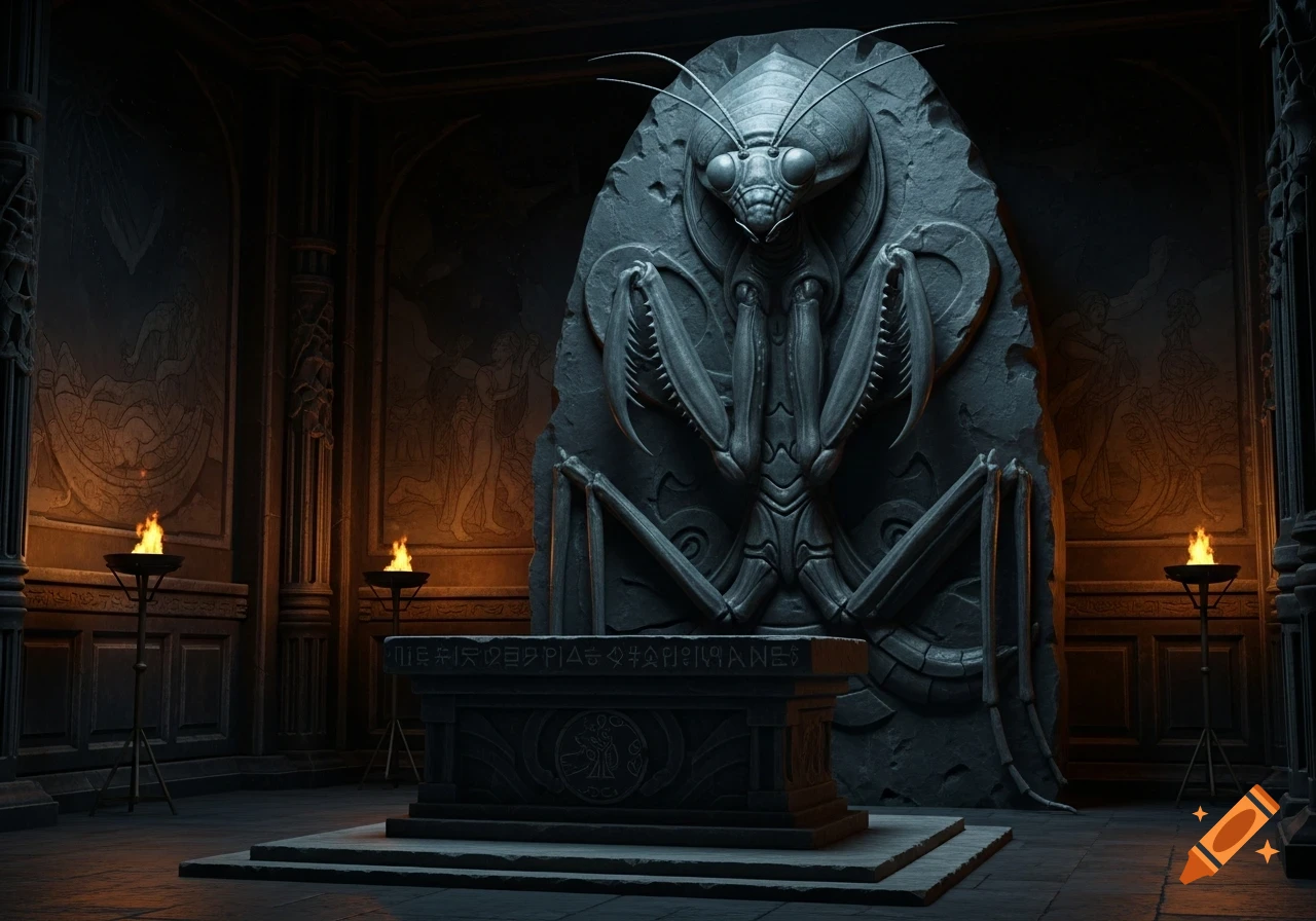 A dark grey mantis creature statue in semi-relief stands behind an ornate altar in a dimly lit, ancient temple with torches.