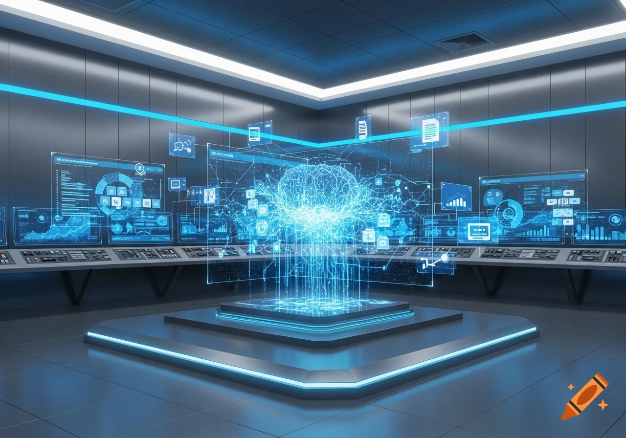 A glowing blue holographic brain and data displays float above a platform in a dark, futuristic control room with multiple monitors.