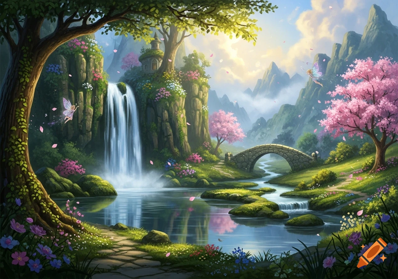 Vibrant fantasy landscape with waterfall, winding river, stone bridge, cherry blossom trees, and flying fairies.