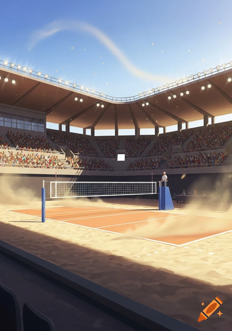 Illustrated volleyball court inside a large, sunlit arena with spectators in the stands.