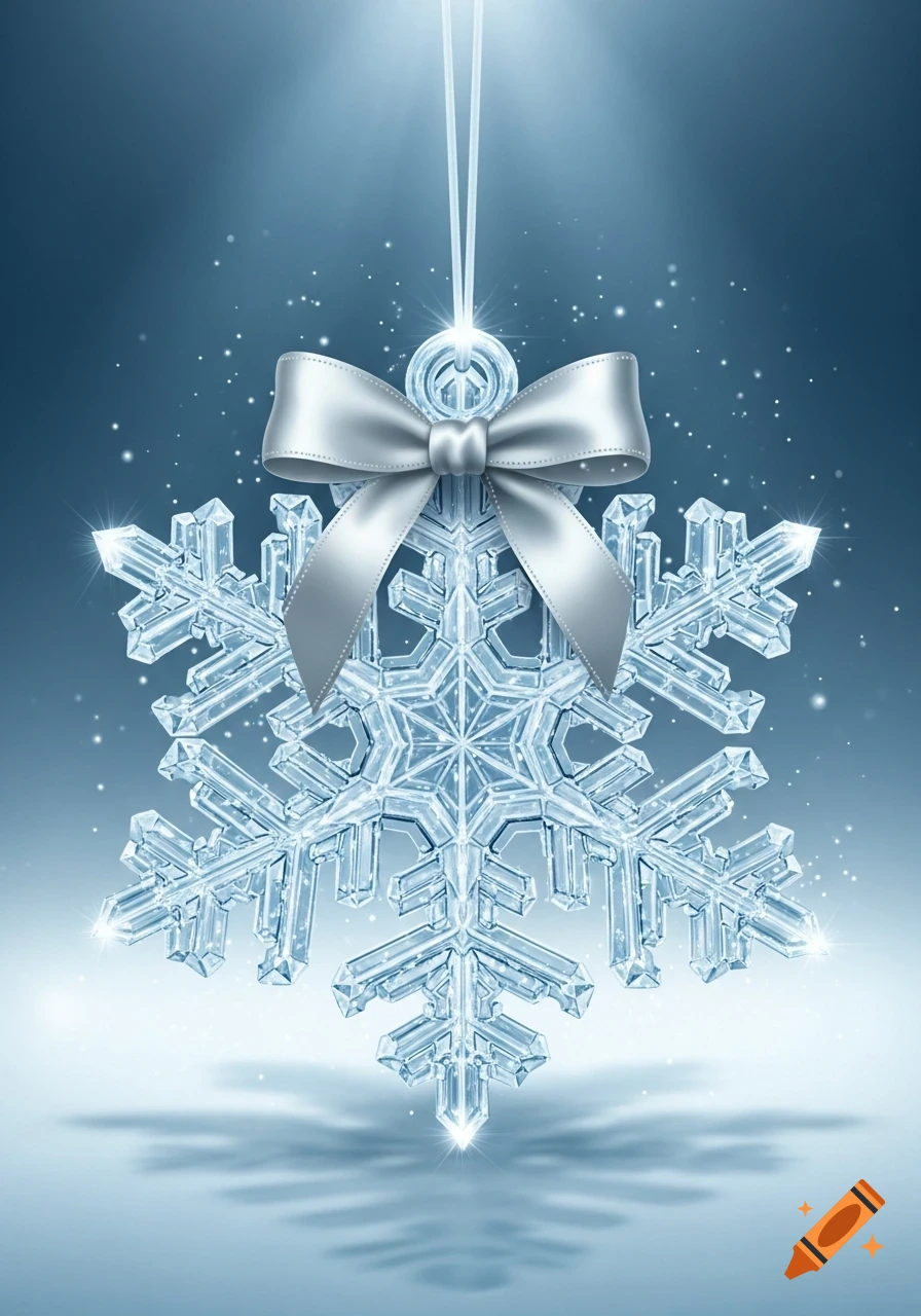 A sparkling crystal snowflake ornament with a silver ribbon bow, suspended against a shimmering blue background.