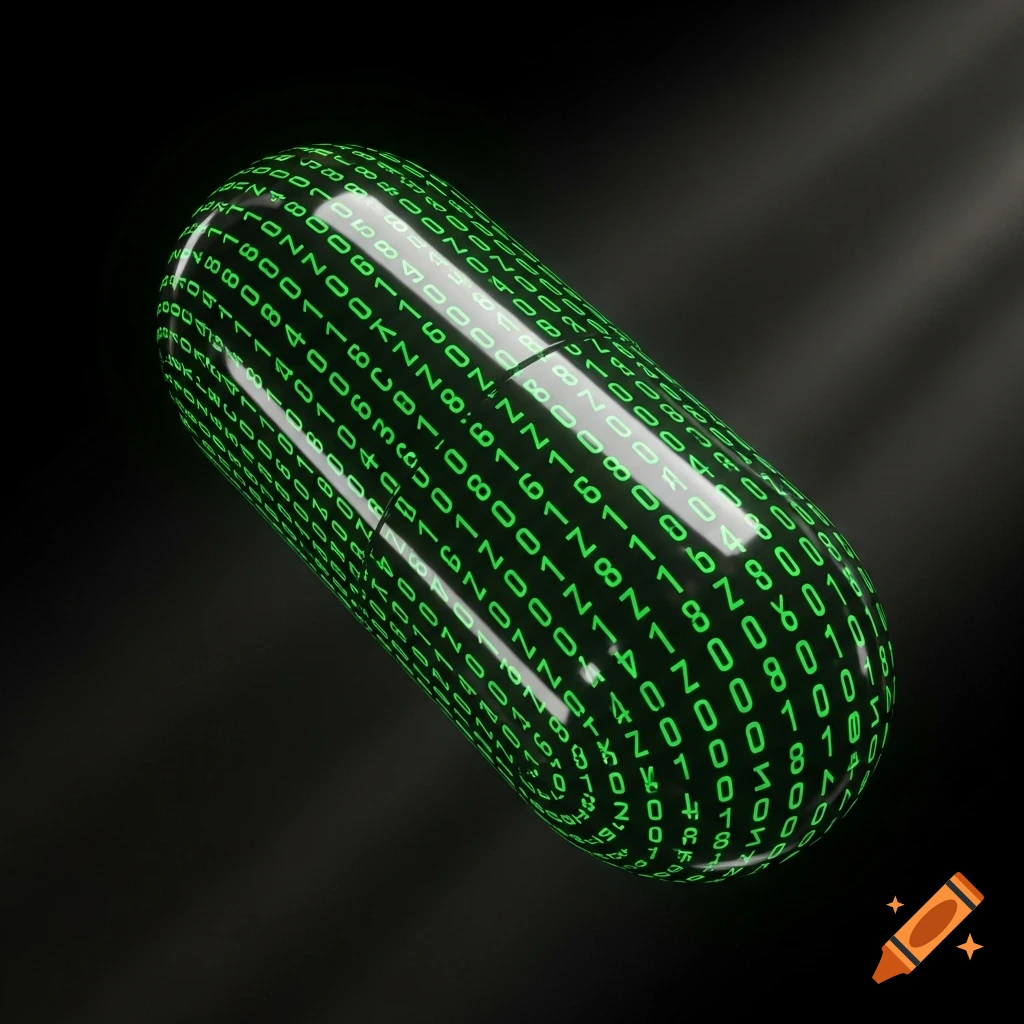 A shiny black pill covered in glowing green binary code and numbers, floating against a dark background with subtle light rays.