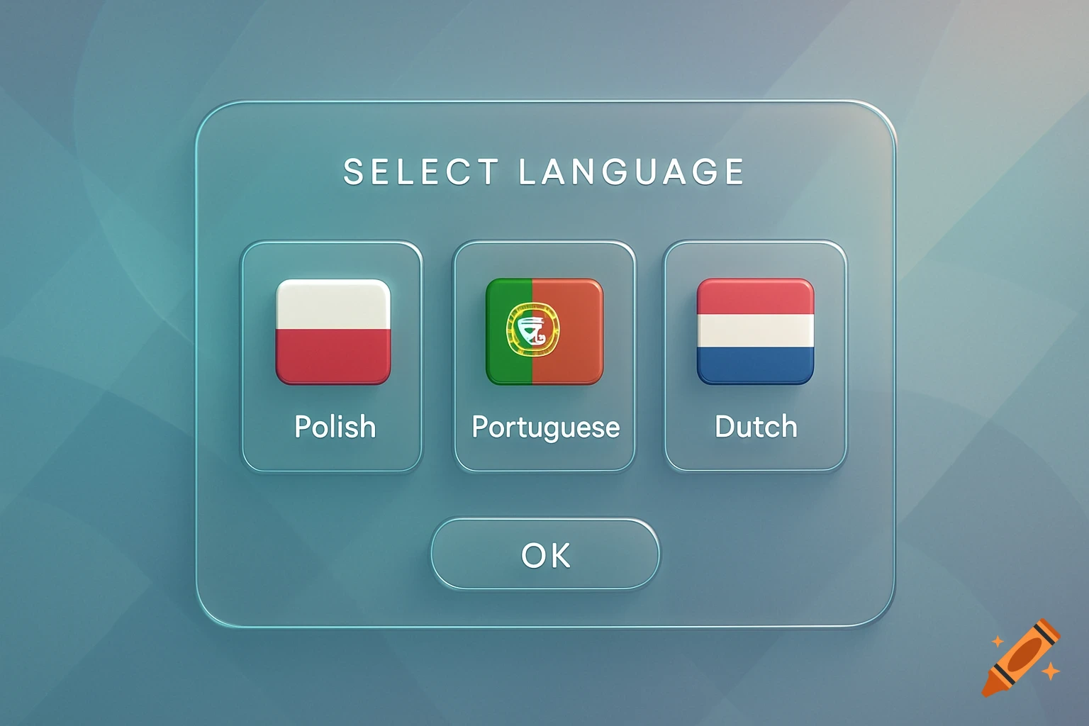 A digital language selection screen shows flags for Polish, Portuguese, and Dutch languages with an "OK" button.