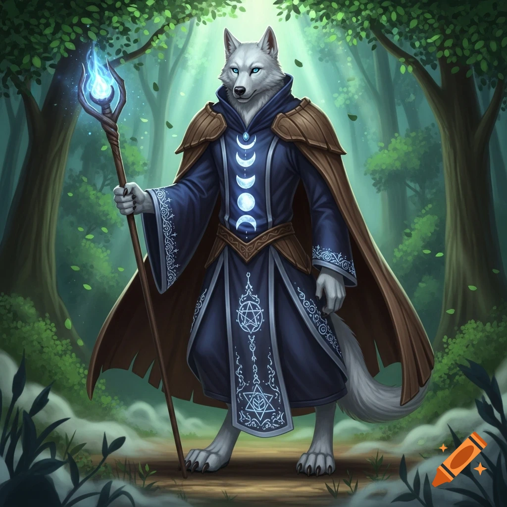 A white wolf humanoid wizard with glowing blue eyes holds a magical staff in a mystical forest, wearing a blue robe and brown cloak adorned with moon symbols.