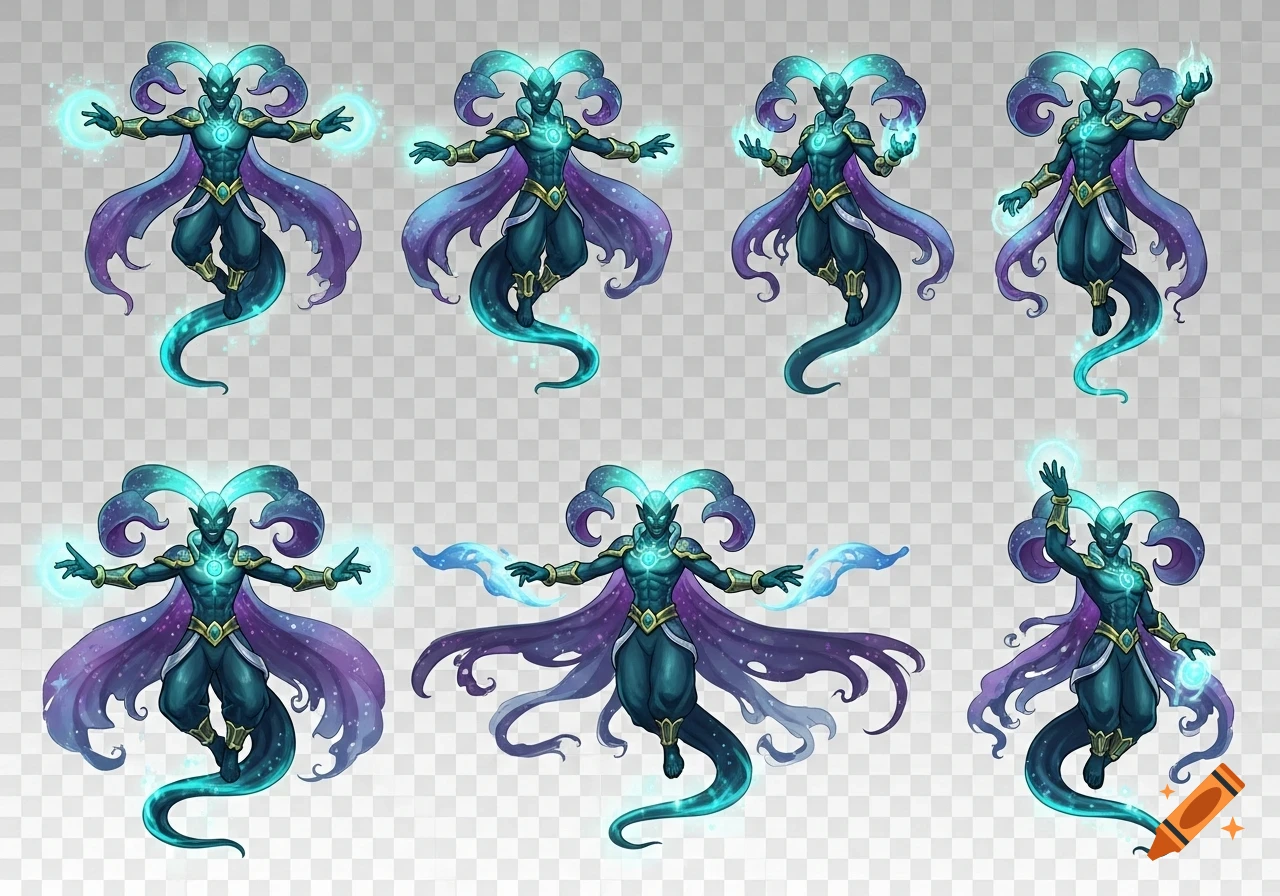 Six fantasy djinn characters in varying poses, with teal skin, glowing hands, and flowing purple capes, on a transparent background.