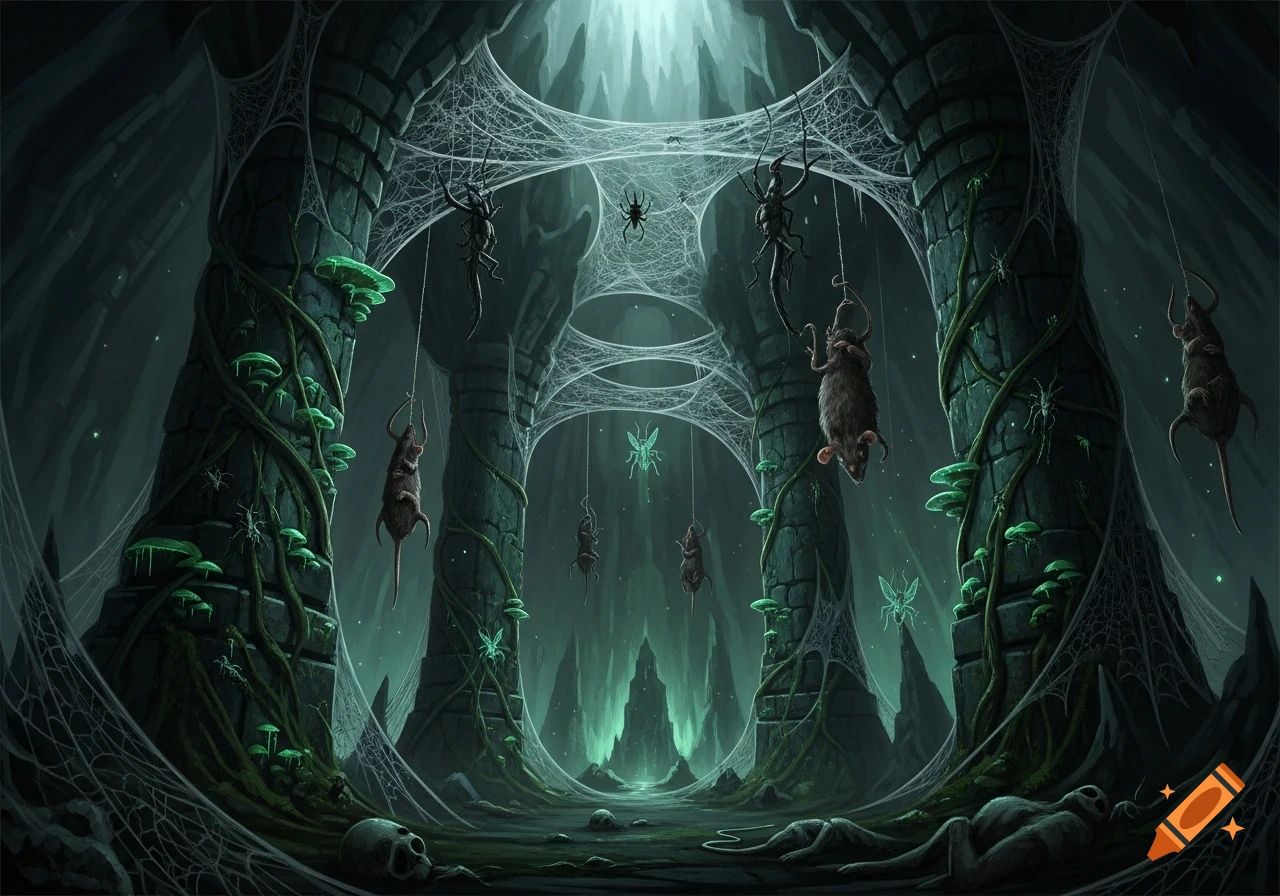 Dark fantasy art of a creepy cave chamber with pillars, glowing mushrooms, heavy spiderwebs, hanging dead rats, and skeletal figures on the ground.
