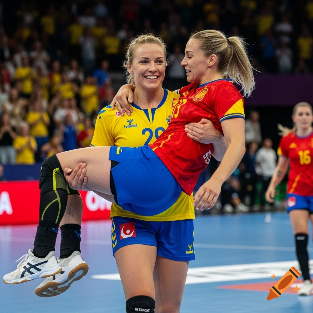 A smiling Swedish handball player in a yellow jersey carries a Spanish teammate in a red jersey across the court.