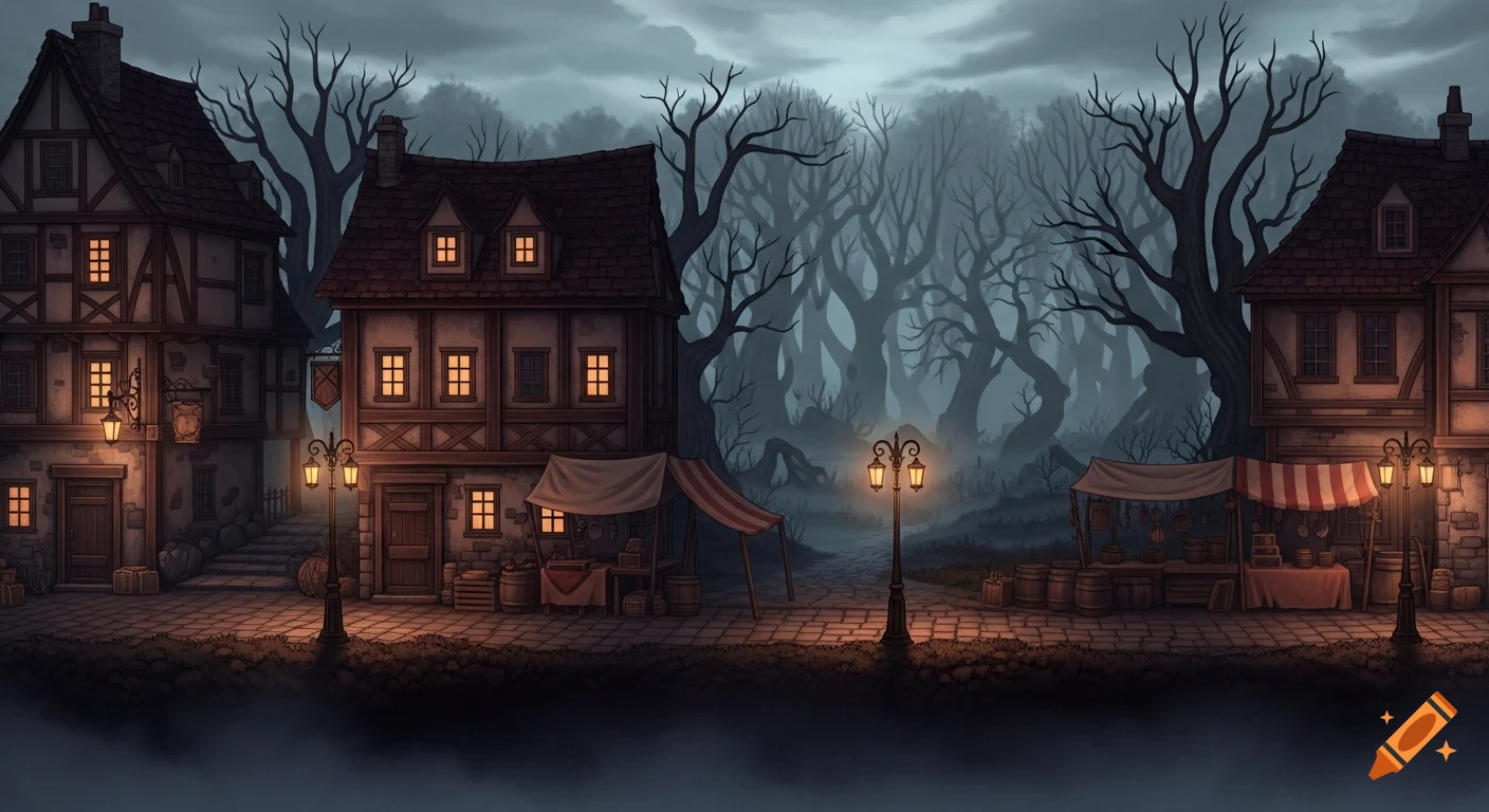 A stylized dark fantasy village street at night, with illuminated houses, market stalls, streetlights, and a misty forest.
