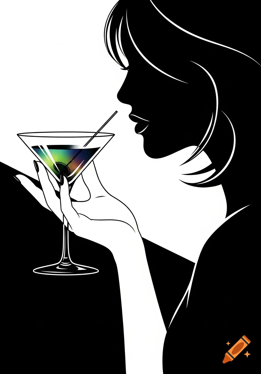 Black and white silhouette illustration of a woman drinking a vibrant, colorful martini through a straw.