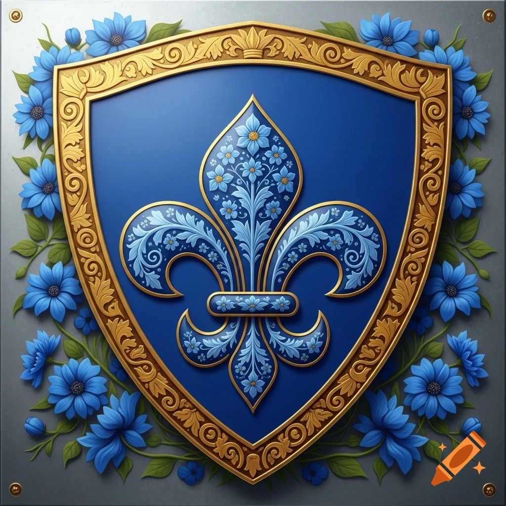 An ornate blue and gold shield featuring a stylized floral fleur-de-lis, surrounded by blue flowers.