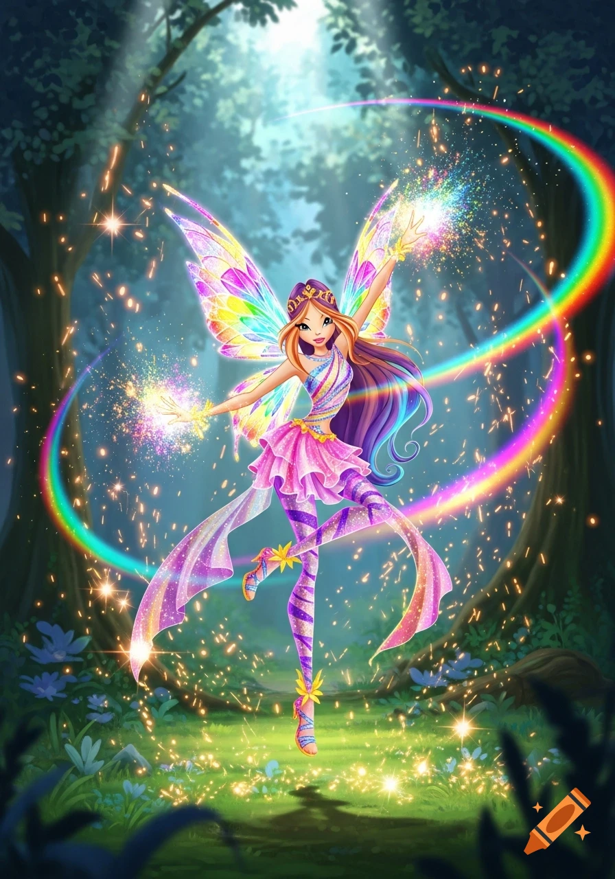 A colorful fairy with rainbow wings and sparkling magic stands in a mystical forest, a rainbow arching overhead.