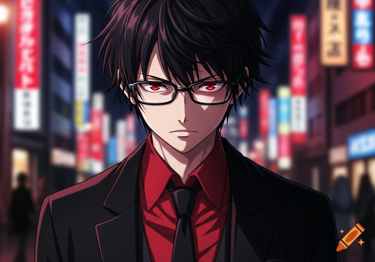 An anime male character with black messy hair, red eyes, and glasses wears a black suit, red shirt, and black tie, standing on a blurry city street at night.