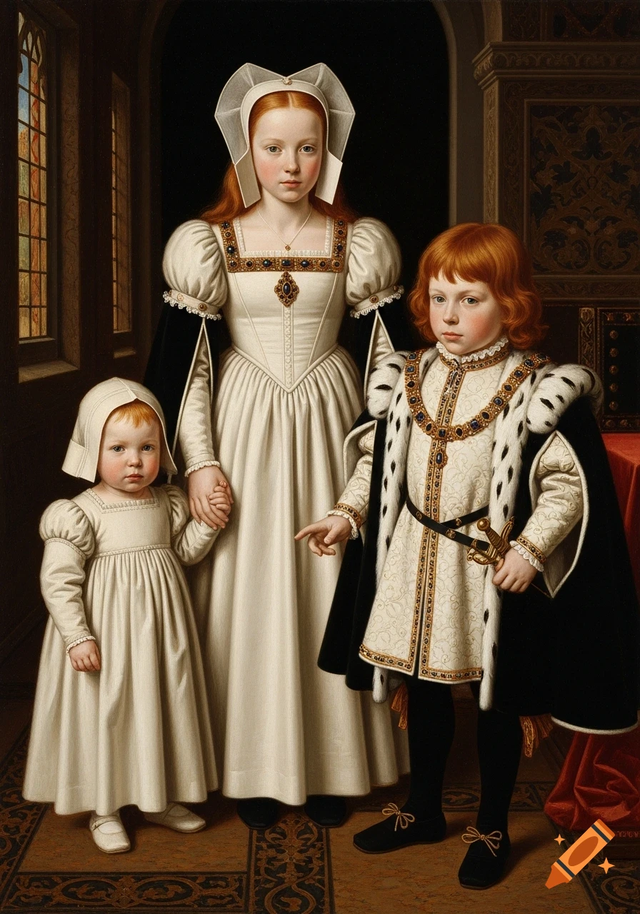 A detailed 15th-century-style oil painting of three ginger-haired Tudor children in elaborate gowns and robes.