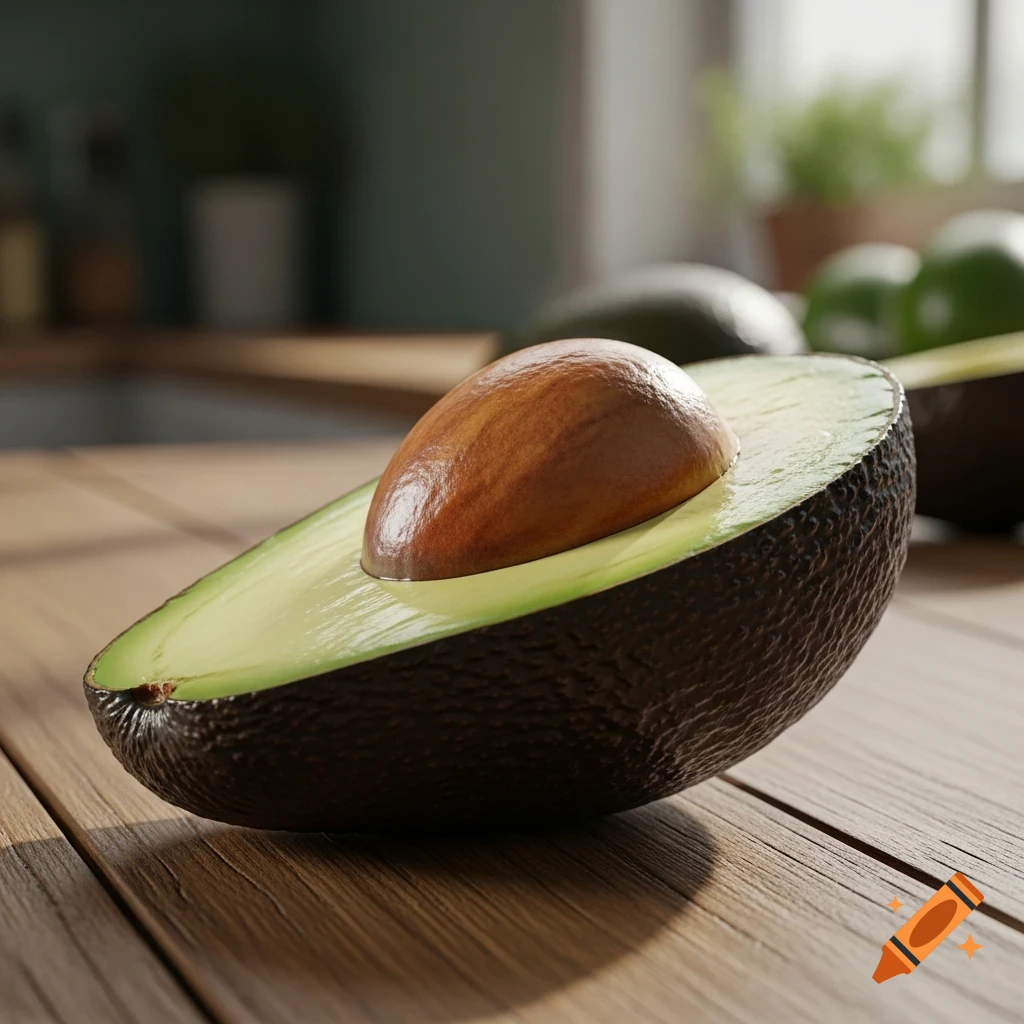 A halved avocado with its large pit lies on a wooden table in a sunlit kitchen.
