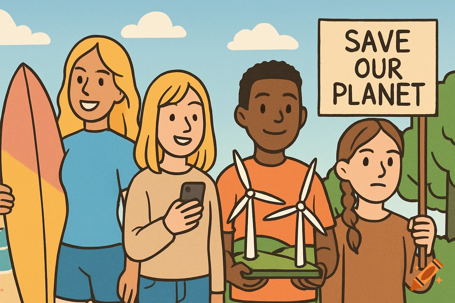 A simple cartoon-style illustration of four diverse people, including a surfer and environmental activists with a "SAVE OUR PLANET" sign.