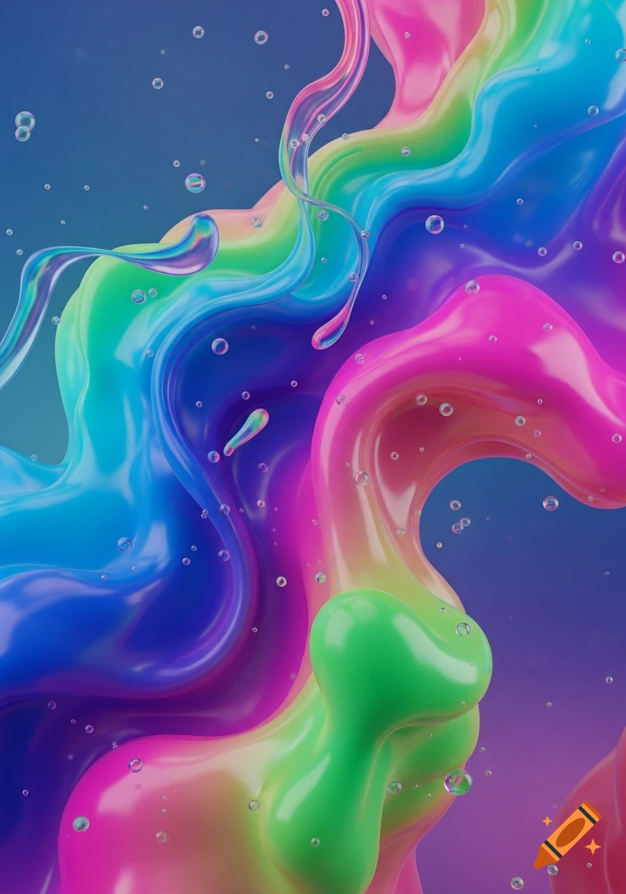 Vibrant, glossy, rainbow-colored liquid organic matter with bubbles, rendered in an abstract 3D style.