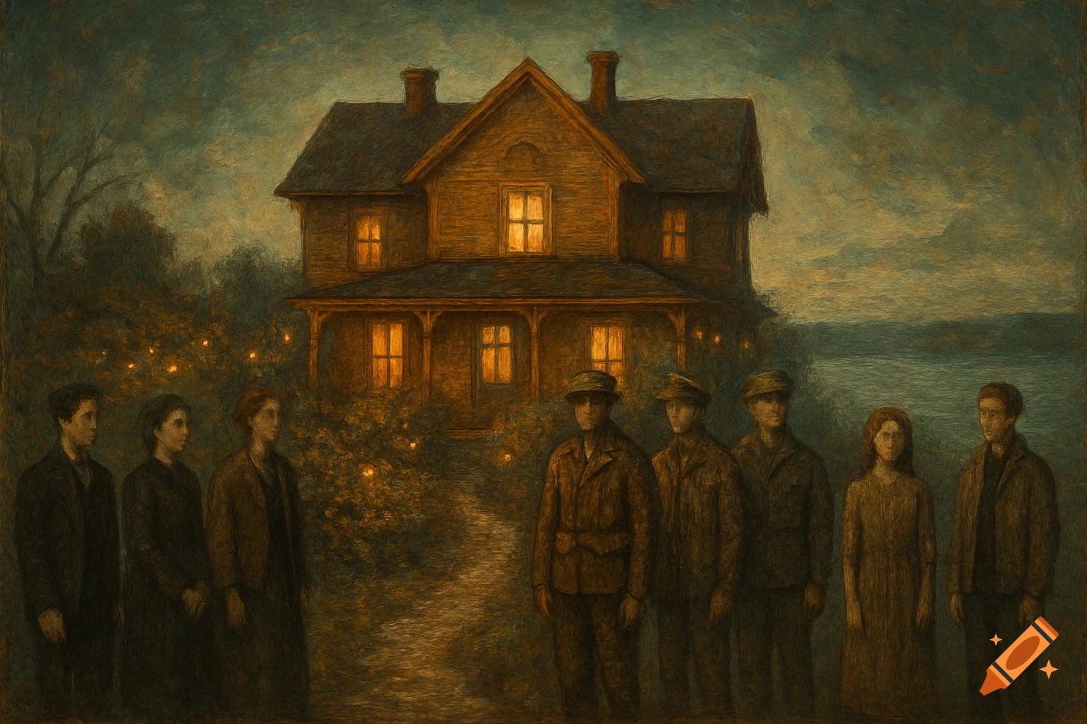 Oil painting of blurred figures in vintage clothes standing before an old house by a lake at dusk, with glowing windows and garden lights.